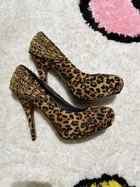 Qupid Leopard Print Platform Pumps with Gold Embellished Heel